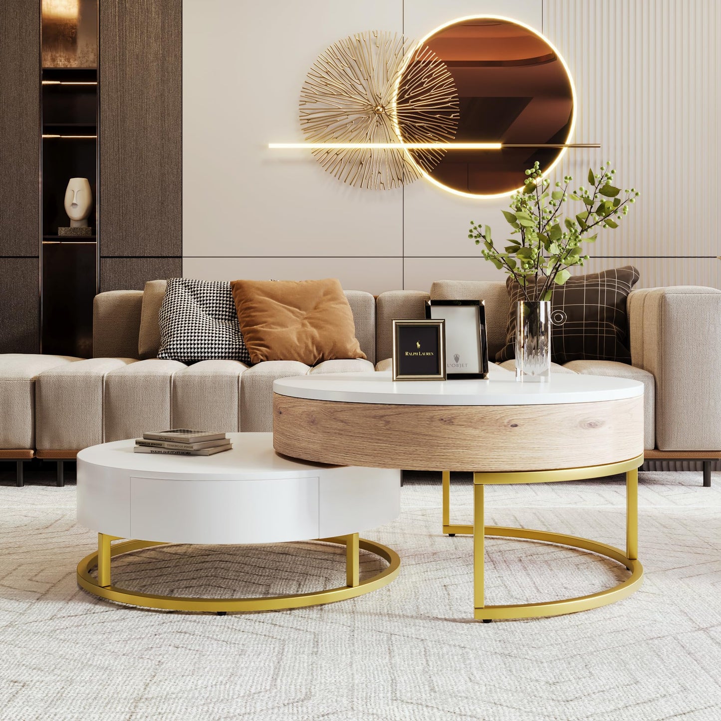 HanStrong Round Lift-Top Nesting Coffee Table Set of 2, Modern Coffee Table with 2 Storage Drawers, Circular Wood Center Table Set for Living Room, Apartment, White & Oak