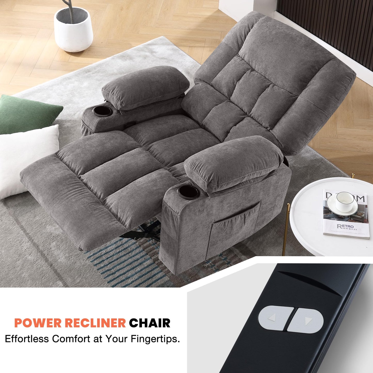 Power Swivel Recliner Chair with Rocking Function for Living Room, Oversized Rocker Recliner Single Sofa with Ergonomic, Side Pocket, Two Cup Holders and USB Charge Port for Adults