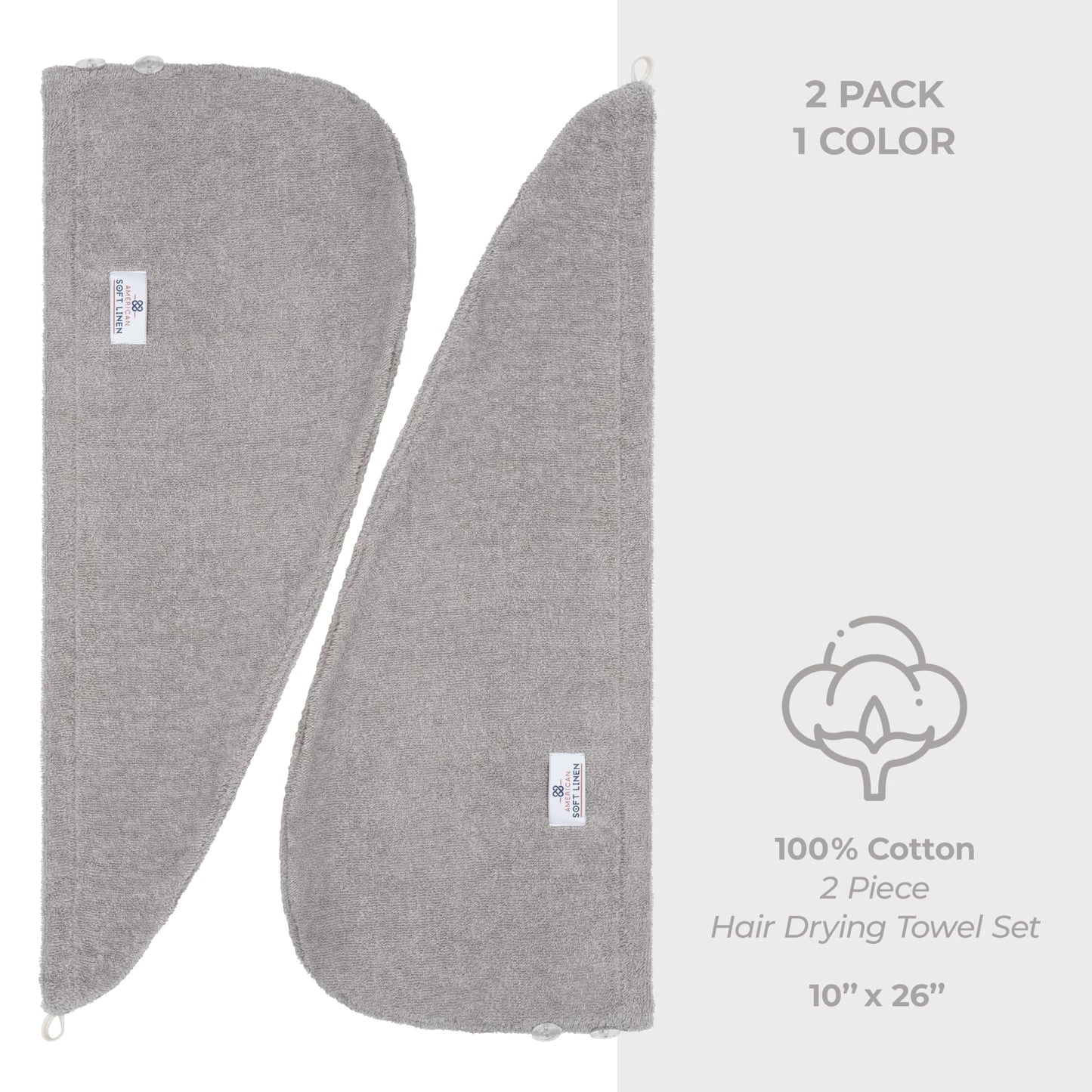 American Soft Linen 100% Cotton Hair Towels for Women, Head Towel Cap, Cotton Hair Turban Towel Wrap for Long Curly Anti Frizz Hair, Soft and Absorbent Cotton Hair Towels 2 Pack, Light Gray
