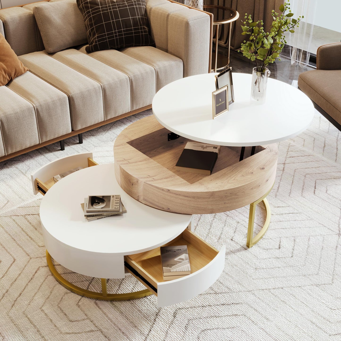 HanStrong Round Lift-Top Nesting Coffee Table Set of 2, Modern Coffee Table with 2 Storage Drawers, Circular Wood Center Table Set for Living Room, Apartment, White & Oak