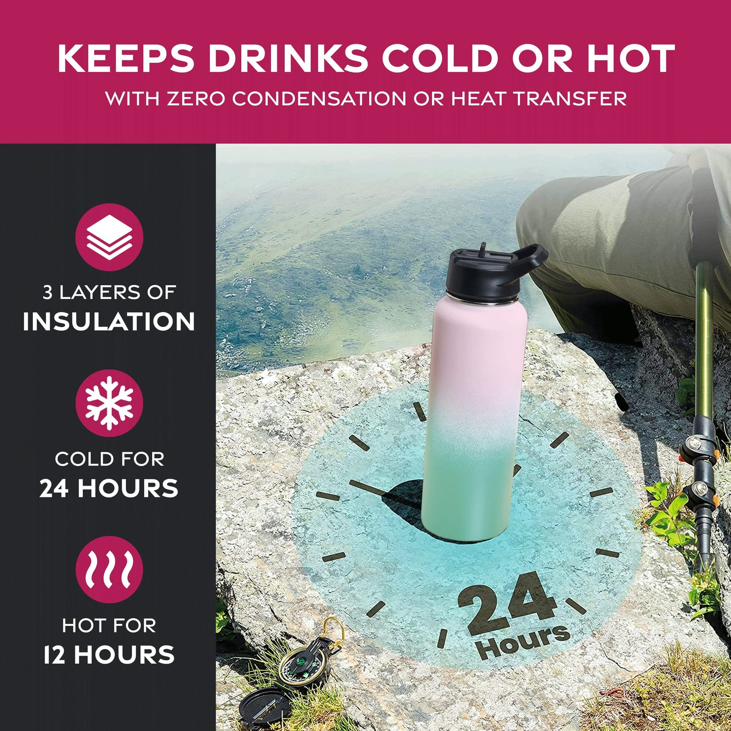 FineDine Triple Walled, Insulated Water Bottles with Straw - 40 Oz Stainless Steel Metal Bottle W/ 3 Leak Proof Lids - For Travel, School, Sports, Gym / Men, Women & Kids - Dreamy Pink-Green