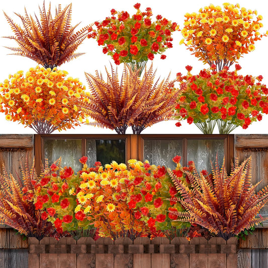 TURNMEON 20 Bundles Artificial Fall Flowers Fall Decorations for Home-UV Resistant Fake Mums Artificial Flowers for Outdoors Faux Plant Plastic Flowers Gardens Porch Autumn Thanksgiving Fall Decor