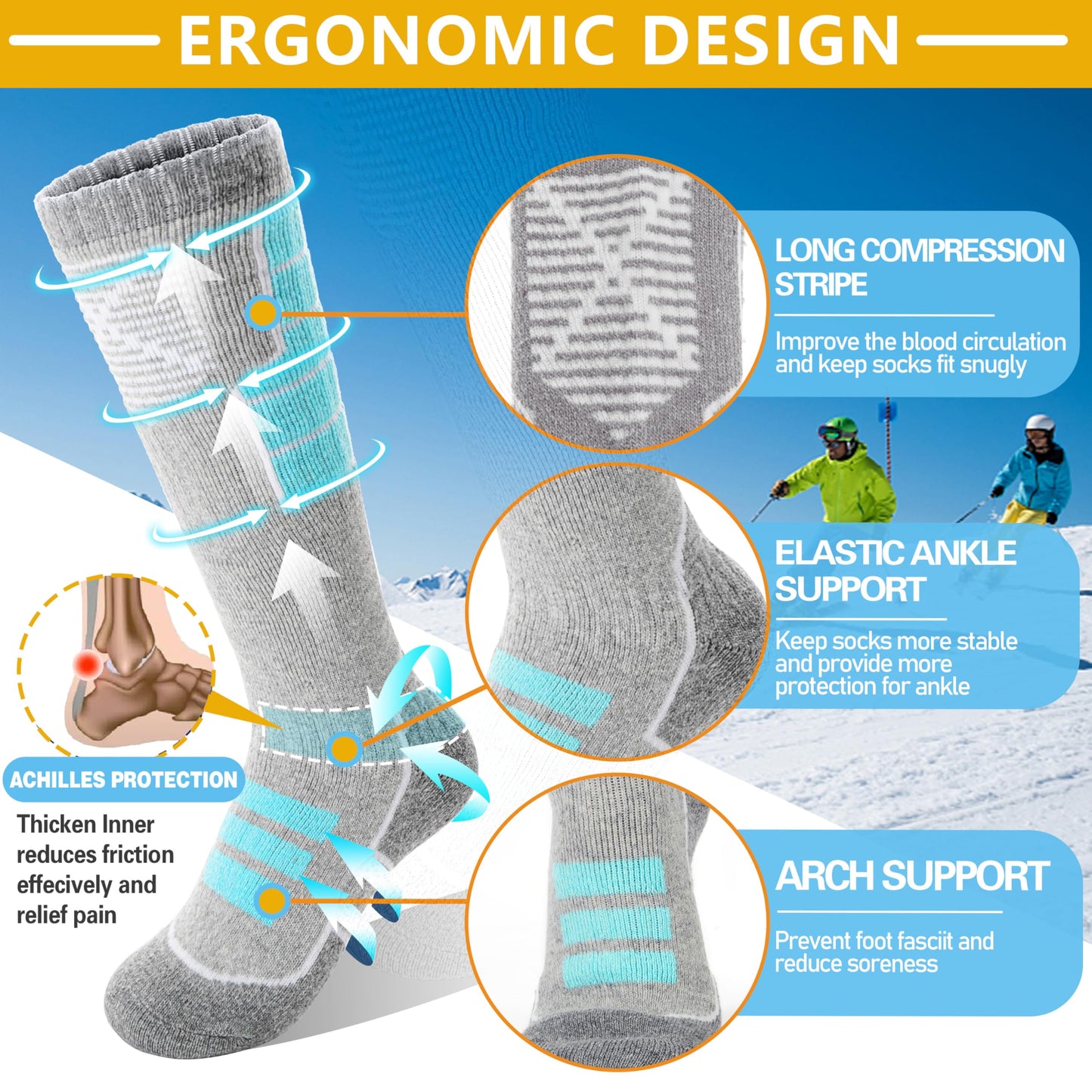 Anlisim Kids Merino Wool Ski Socks 3 Pairs Girls Boys Thermal Winter Warm Thick Breathable Socks for Skiing Snowboarding (Mixed,4-7 Years)