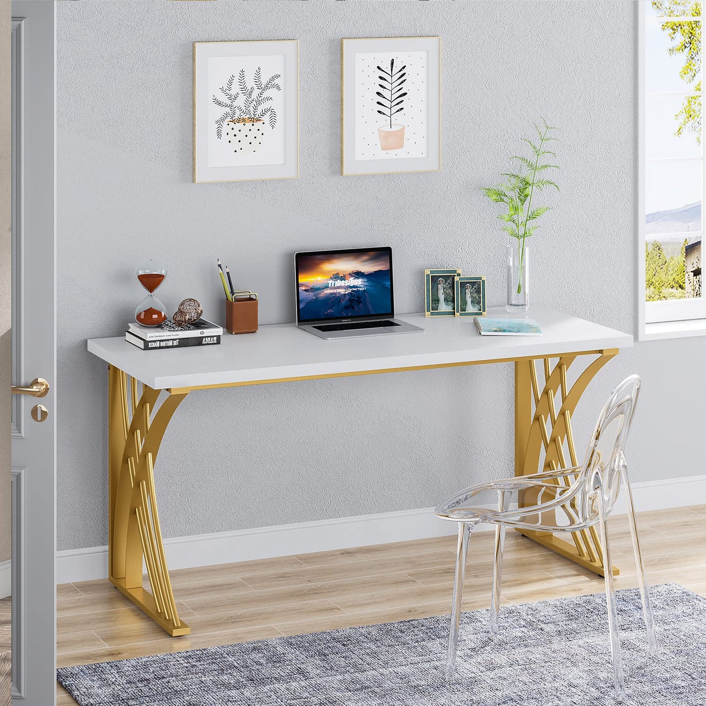 Tribesigns 55’’ Large Modern Computer Desk, White & Gold Luxury Laptop PC Student Table, Makeup Vanity Table with Thick Frame & Strong Legs, Sturdy Writing Workstation for Home & Office