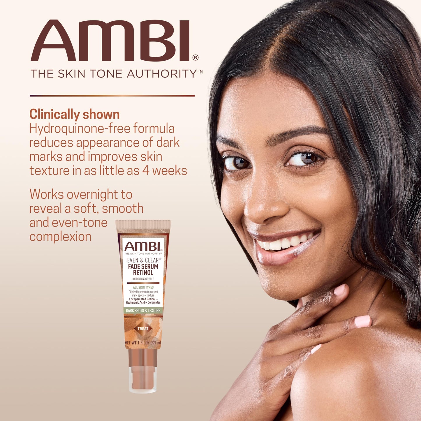 Ambi Even & Clear Fade Serum, Hyperpigmentation Treatment, Hydroquinone-free, Dark Spot Corrector, Results In As Little As 4 Weeks, Retinol, Hyaluronic Acid, Niacinamide, Ceramides, 1 Fl Oz