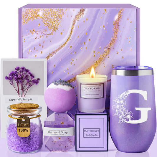 Birthday Gifts for Women, Relaxing Lavender Spa Gift Basket Set with 20oz Monogram Initial Tumbler for Mom Wife Sister Aunt Teacher Nurse, Wedding Gifts, Bridesmaid Gifts, Best Friend Gifts (J)