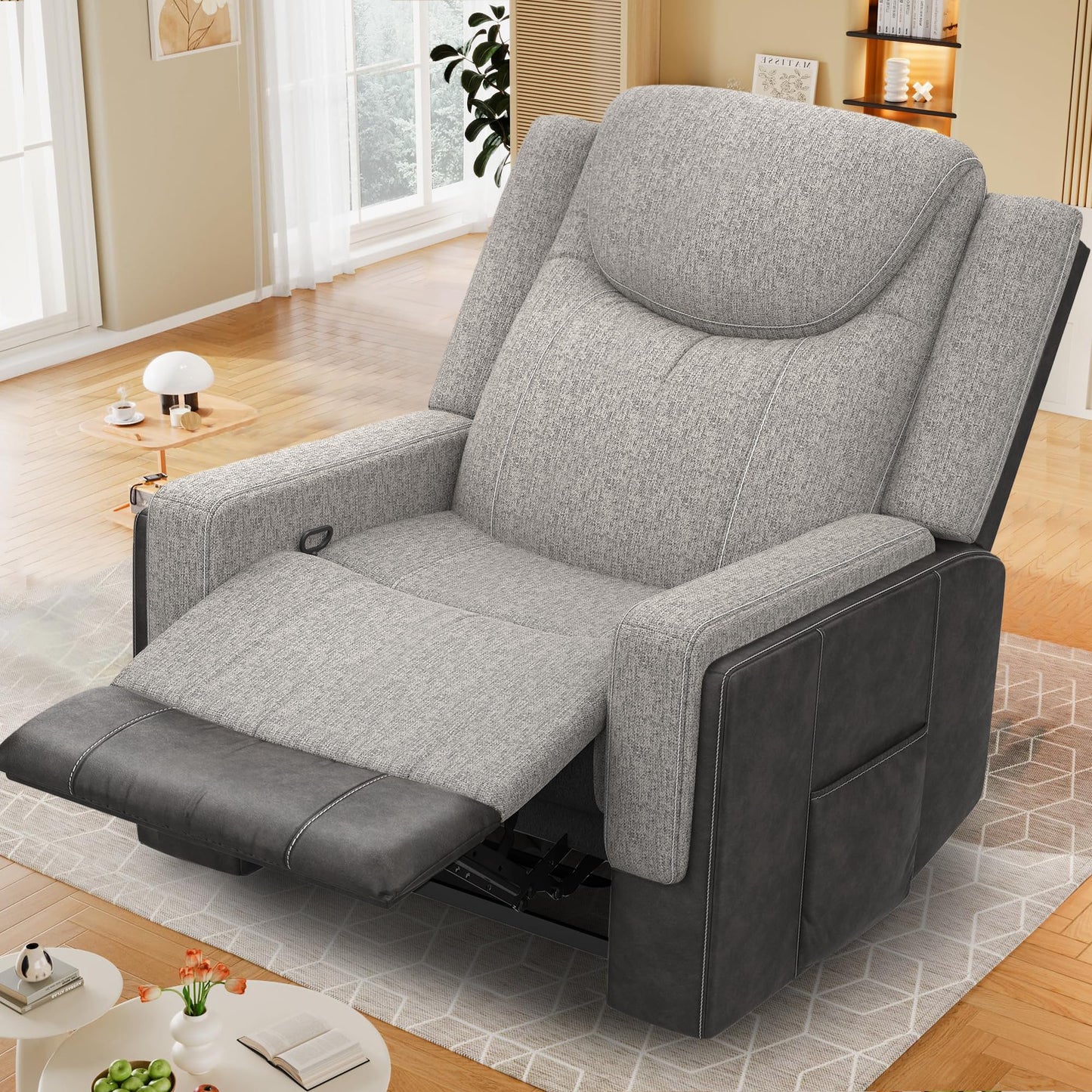 Dresegmt Oversize Manual Recliner Chair for Adults, Extra Wide Single Reclining Sofa Chair with Ergonomic, FSC Certified, Grey Linen-Blend & Chocolate Leather Scandinavian Chic for Living Room, RV