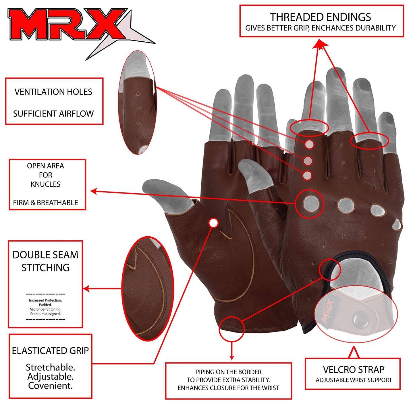 MRX BOXING & FITNESS Mens Driving Gloves Basic Soft Goat Leather Fingerless Breathable Biker Motorcycle Riding Cycling Shooting Button Gloves Half Finger, Brown (X-Large)