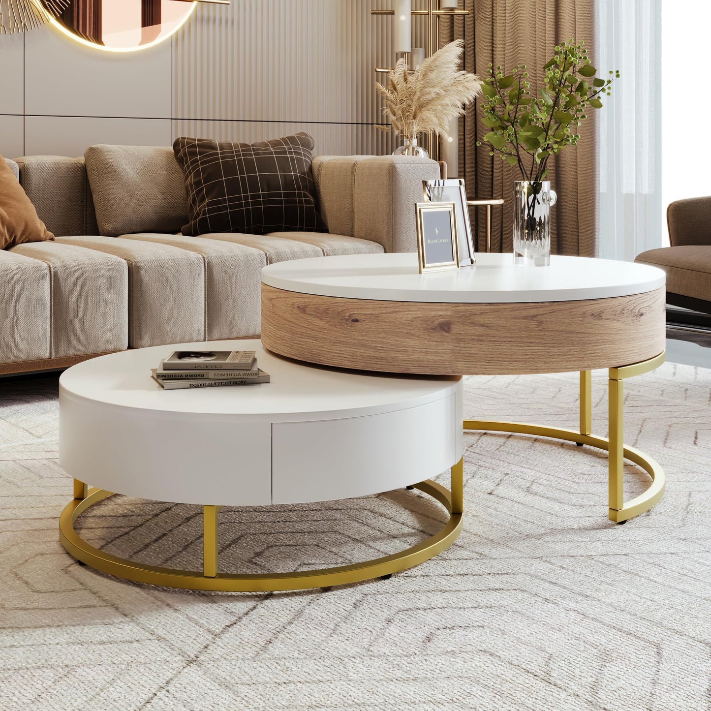 HanStrong Round Lift-Top Nesting Coffee Table Set of 2, Modern Coffee Table with 2 Storage Drawers, Circular Wood Center Table Set for Living Room, Apartment, White & Oak