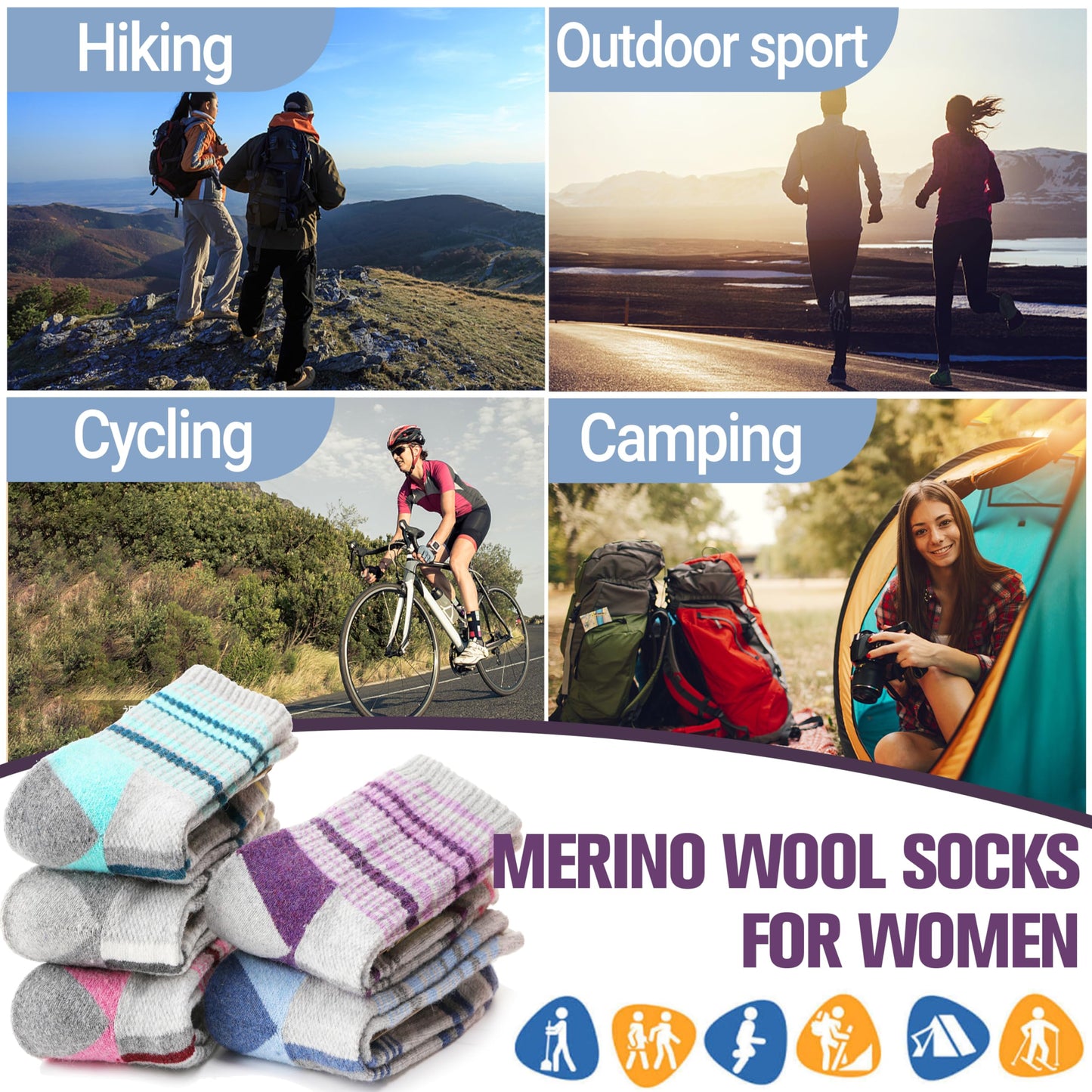 Anlisim Merino Wool Hiking Socks for Women Thermal Winter Warm Thick Work Cushion Gifts Socks 5 Pairs Stocking Stuffers(Colorful,M)