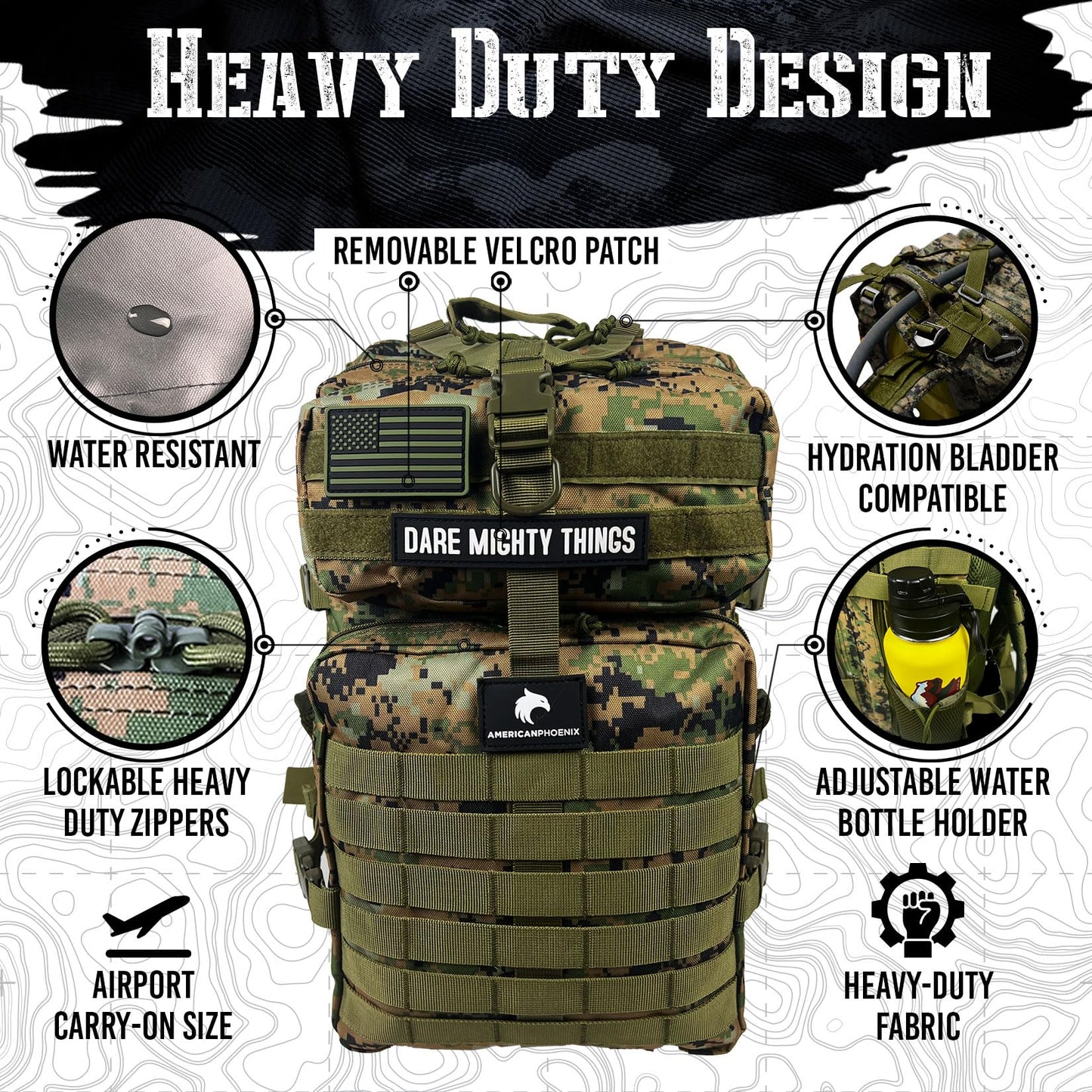 AMERICANPHOENIX 45L Elite Tactical Backpack | 3X Stronger Work & Military Backpack | Water Resistant and Heavy Duty | 3 Day MOLLE Bug Out Bag (Mossy Woods)