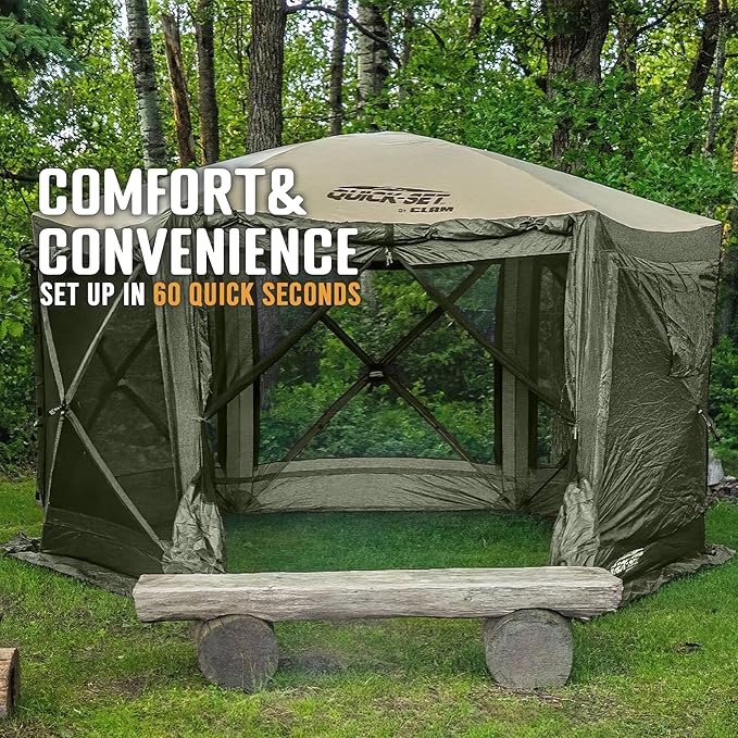 CLAM Pop Up Screen Tent, Outdoor Camping Gazebo Canopy, Pavilion, 12.5', Green/Tan