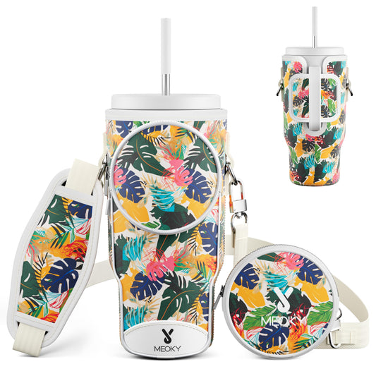 Meoky Water Bottle Carrier Bag with Phone Pocket for 40 oz Tumbler with Handle, Neoprene Water Bottle Holder Pouch with Adjustable Strap, 2 Carabiner Clips (Leaf)
