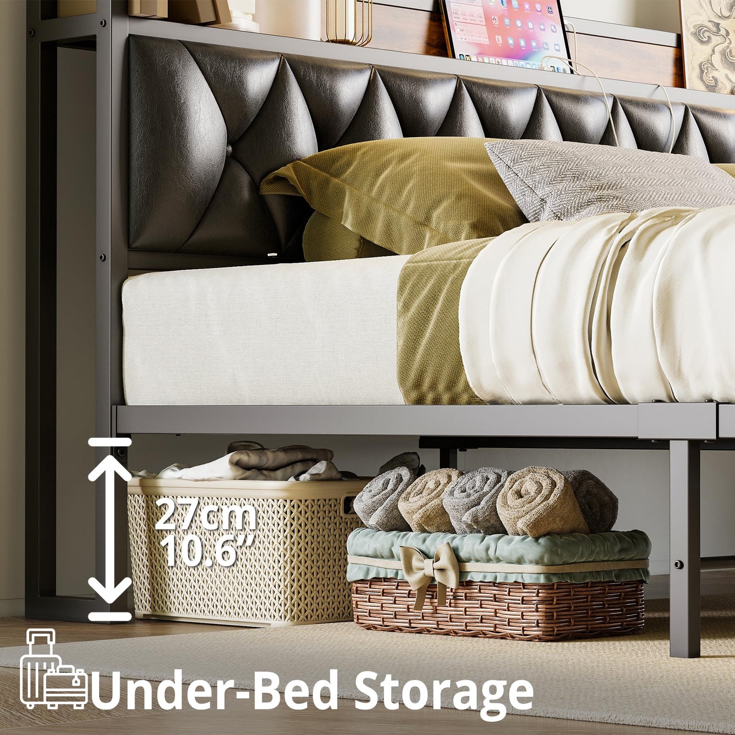 ANCTOR Twin Bed Frames, Storage Headboard with Outlets, Easy to Install, Sturdy and Stable, No Noise, No Box Springs Needed, Rustic Brown and Black