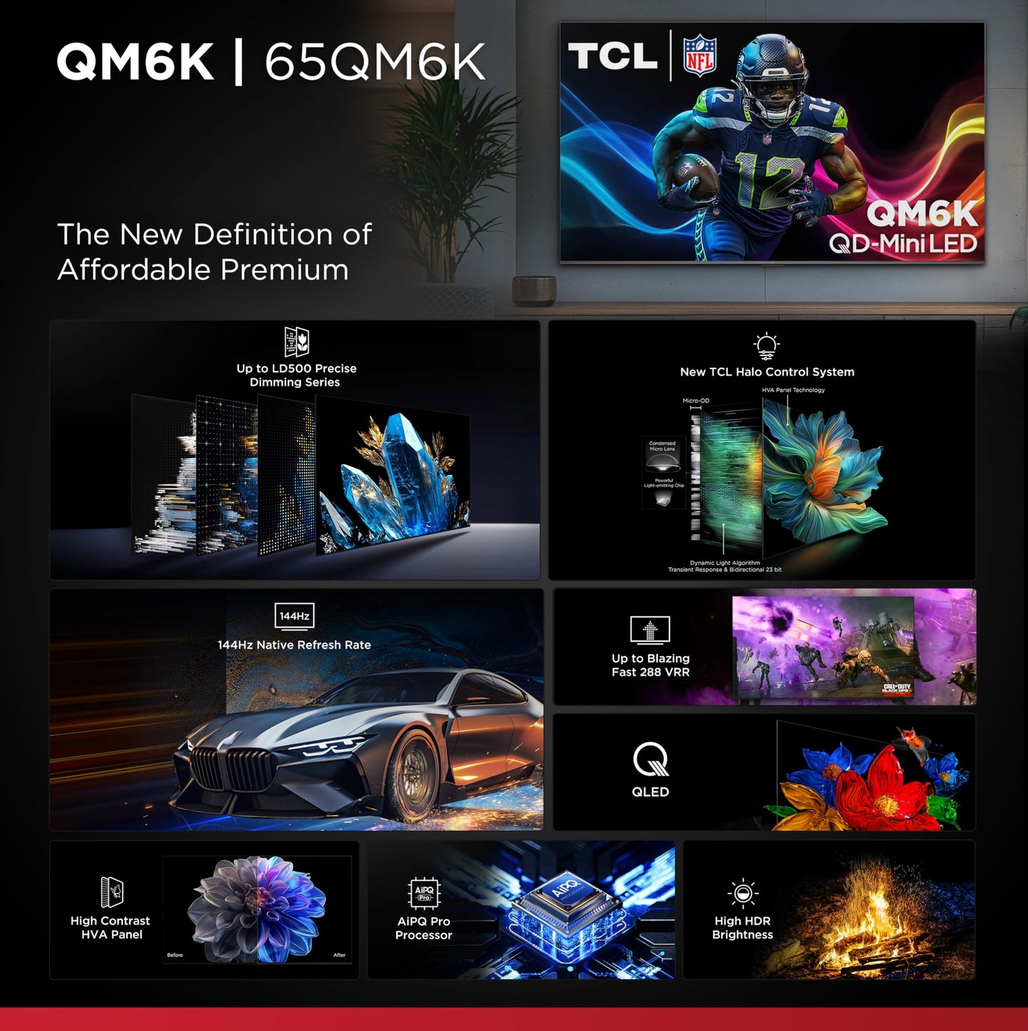 TCL 65-Inch Class QM6K Series QD-Mini LED 4K UHD Google Smart TV Best Value Mini-LED TV - QLED, 144hz, 288hz Gaming Rate, High Contrast Screen, Onkyo Audio, Dolby Atmos (65QM6K, 2025 Model)