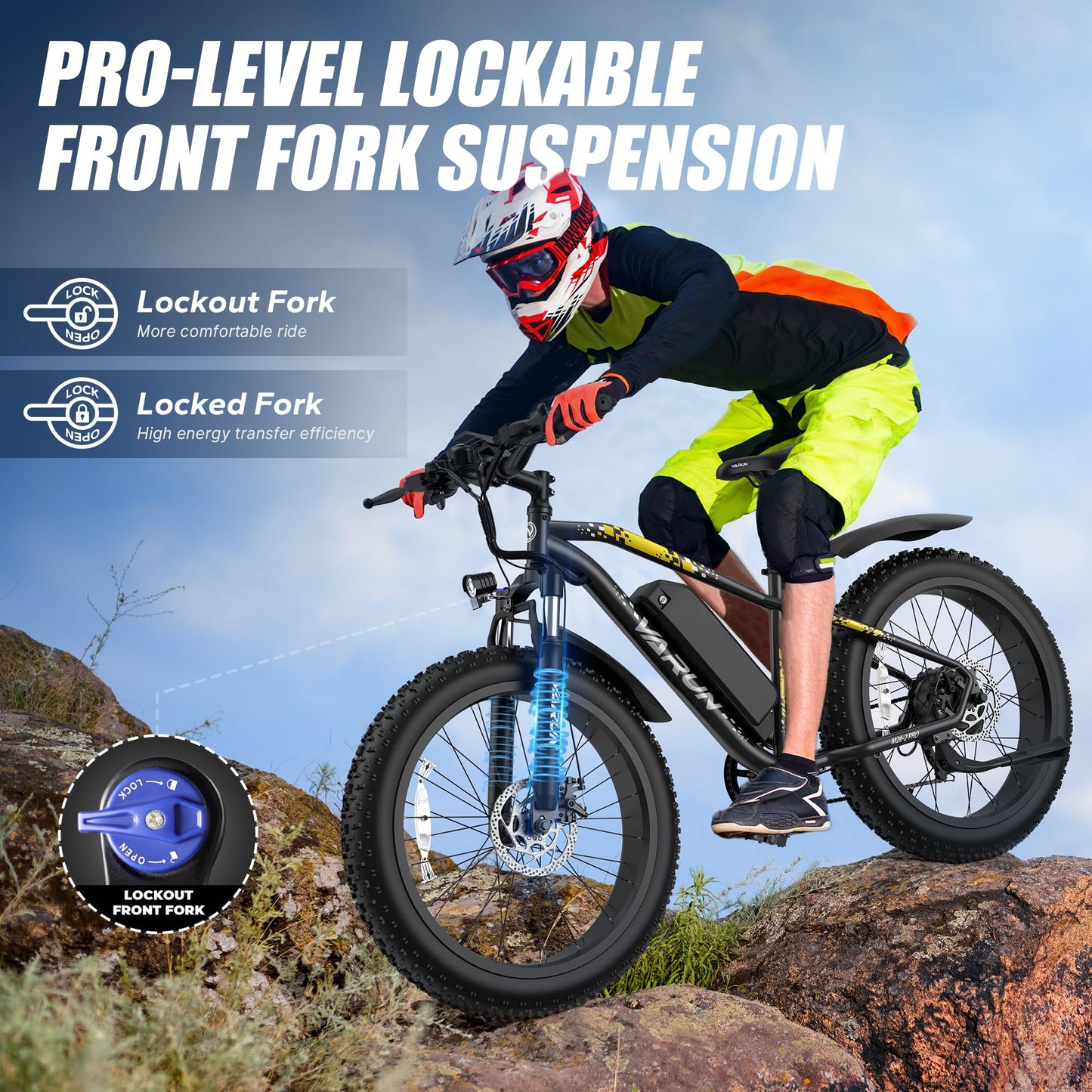 VARUN E Bikes for Men - Peak 750W Ebikes for Adults - Fat Tire Electric Bike Up to 25MPH 60+ Miles with 48V 13AH Removable Battery - 26" Electric Mountain Bike Features 7-Speed, Lockable Suspension
