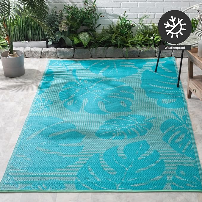 FH Home Outdoor Rug - Waterproof, Fade Resistant, Reversible - Premium Recycled Plastic - Tropical, Botanical - Patio, Deck, Porch, Balcony - Hana Leaves - Blue Crease Free - 5 x 8 ft