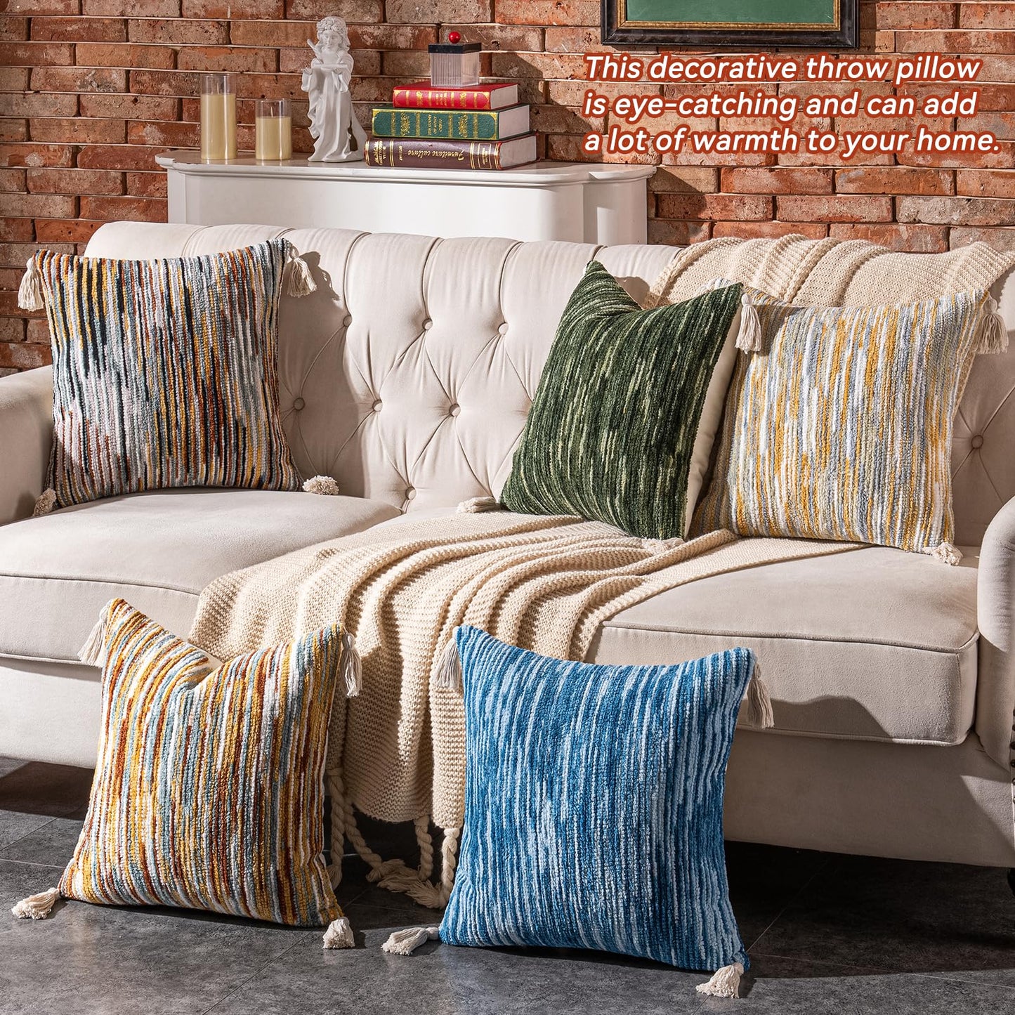 AmHoo Boho Throw Pillow Covers Set of 2 Decorative Bohemian Woven Tufted Striped Farmhouse with Tassels Textured Cushion Case Pillowcase Neutral for Sofa Couch Bed 18 x 18-Inch Sky Blue