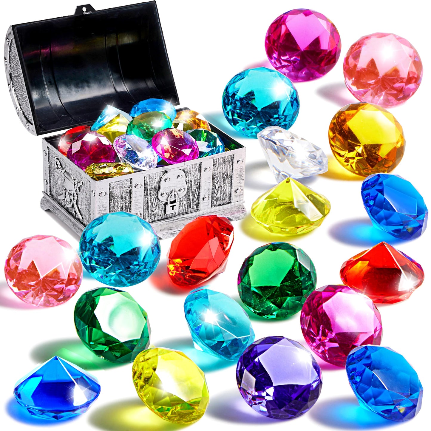 Sloosh Diving Gems Pool Toys, 16 Big Colorful Diamond with Pirate Treasure Chest,Swim Dive Toy for Kids Underwater Gemstone Swimming Training Gift Water Pool Games(Gold)