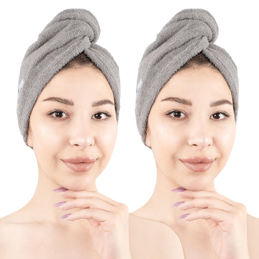 American Soft Linen 100% Cotton Hair Towels for Women, Head Towel Cap, Cotton Hair Turban Towel Wrap for Long Curly Anti Frizz Hair, Soft and Absorbent Cotton Hair Towels 2 Pack, Light Gray