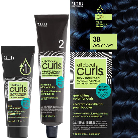 All About Curls 3B Wavy Navy Permanent Hair Color (Prep + Protect Serum & Hair Dye for Curly Hair) - 100% Grey Coverage, Nourished & Radiant Curls