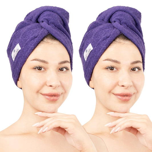 American Soft Linen 100% Cotton Hair Towel Cap and Wrap for Long Curly Anti Frizz Hair, Absorbent 2 Pack, Purple