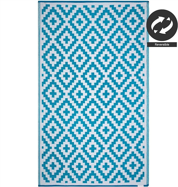 FH Home Outdoor Rug - Waterproof, Fade Resistant, Reversible - Premium Recycled Plastic - Geometric - Large Patio, Deck, Sunroom, Camping, RV - Aztec - Teal & White Crease Free - 6 x 9 ft