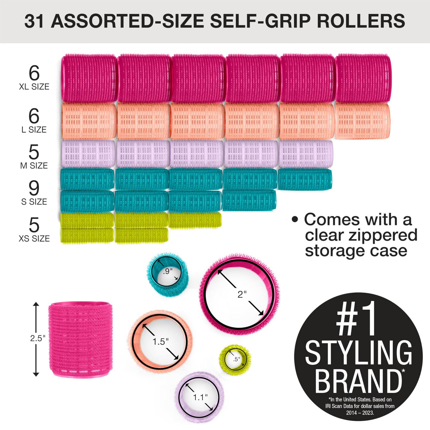 Conair Heatless Curlers- heatless curls overnight - Hair Rollers for Lift & Volume - Assorted Sizes and Colors - 31 Count w/storage