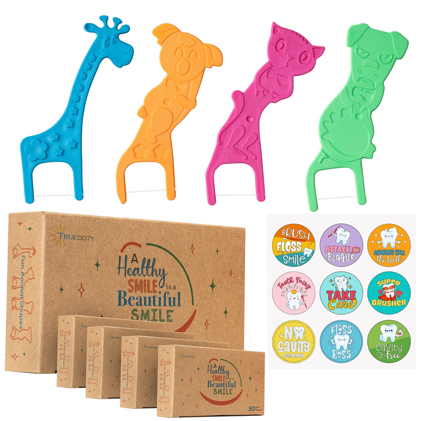 Biodegradable Kids Flossers - 200 Pack, Natural, Fluoride Free, Animal Kids Dental Floss Sticks - Mild Orange