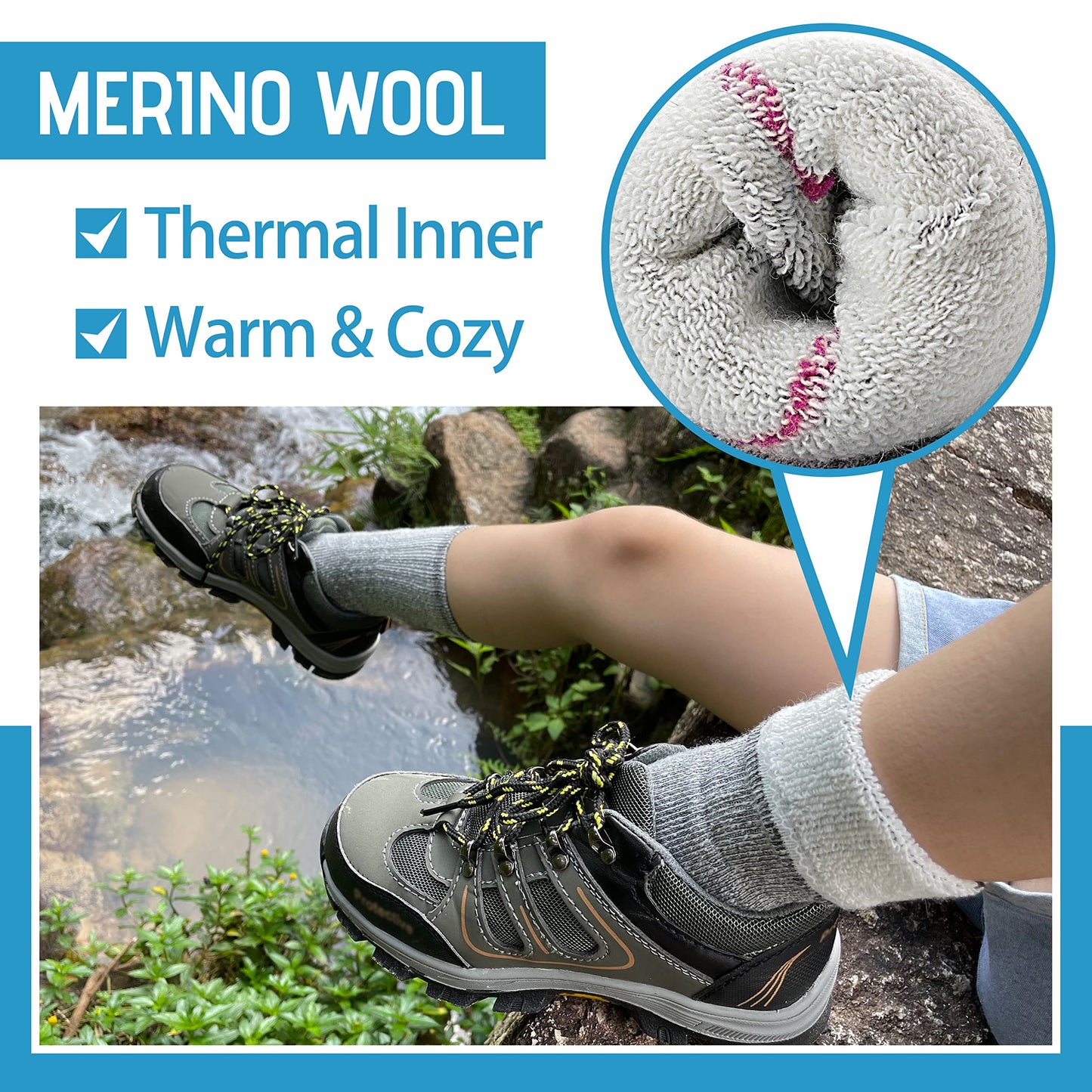 Anlisim Kids Merino Wool Hiking Socks Boys Girls Thermal Winter Warm Boot Thick Snowboarding Socks 4 Pairs for Teen(Four Mix,8-12 Y)