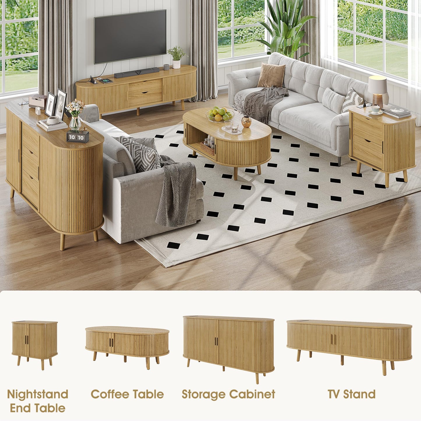 Alohappy Oval Coffee Table, Mid Century Modern Coffee Table with Sliding Tambour Door, Fluted Center Table with Hidden Storage, Curved Profile Dining Table for Living Room, Home Office,Natural Oak
