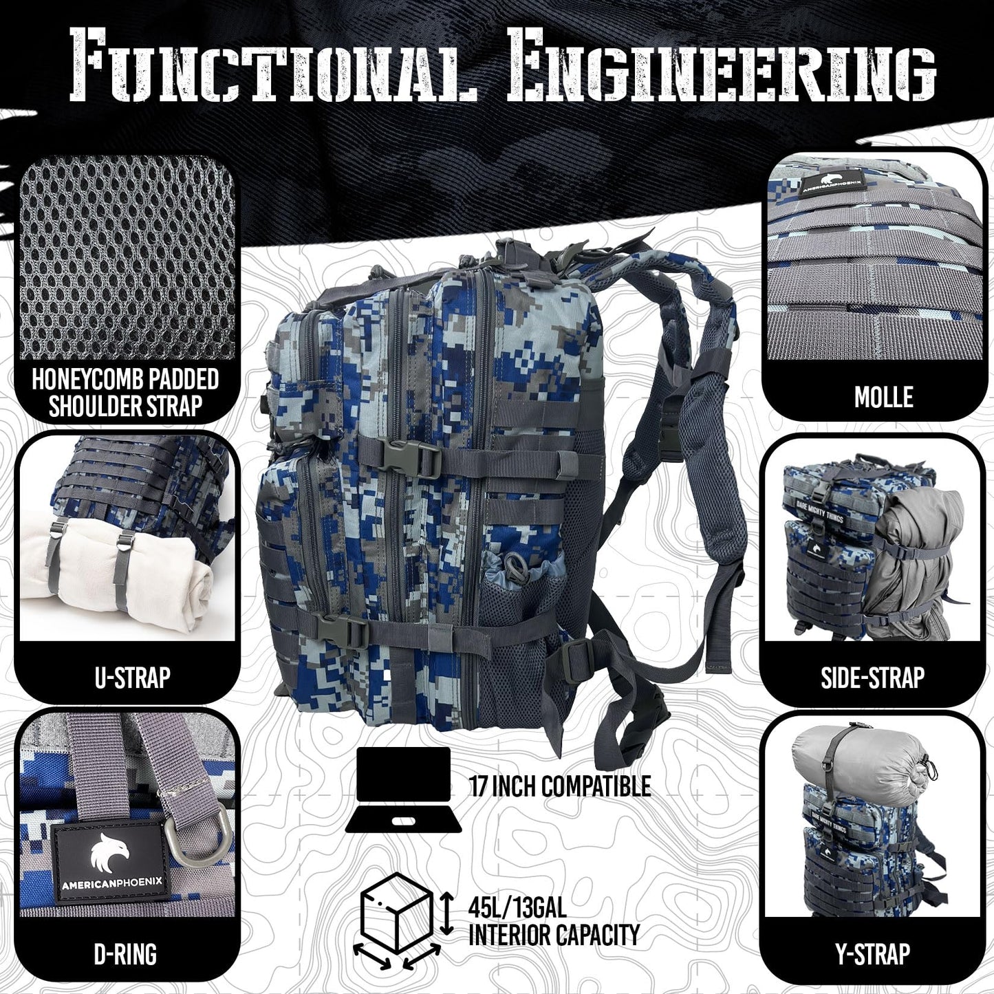 AMERICANPHOENIX 45L Elite Tactical Backpack | 3X Stronger Work & Military Backpack | Water Resistant and Heavy Duty | 3 Day MOLLE Bug Out Bag (Blue Jay)