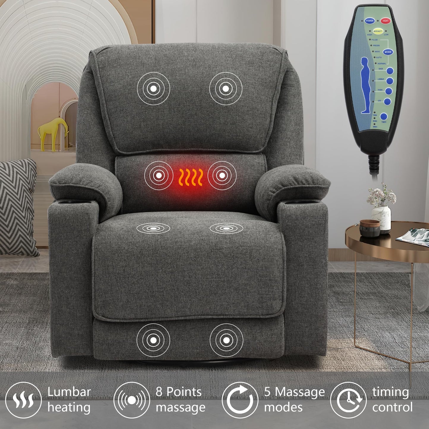 KIGOTY Recliner Chair Swivel Glider with Cup Holder, Recliners with Massage and Heating, Manual Reclining Chair with Footrest and 360 Swivel Rotation Base for Living Room (Dark Grey)