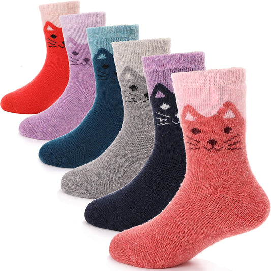 ANTSANG Kids Merino Wool Hiking Socks Toddlers Boys Girls Winter Warm Thick Thermal Crew Boot Heavy Cozy Snow Cabin Gift Snowboarding Socks 6 Pairs for Child(Cat,4-7Y)