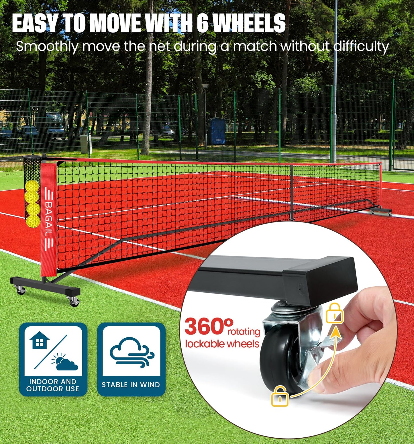 BAGAIL Portable Pickleball Net Set with Wheels, 22 FT Regulation Size & 11 FT Half Court Size 2-in-1 Pickle Ball Net with Ball Collector, Carry Bag, Easy Setup for Outdoor Indoor Driveway - Red