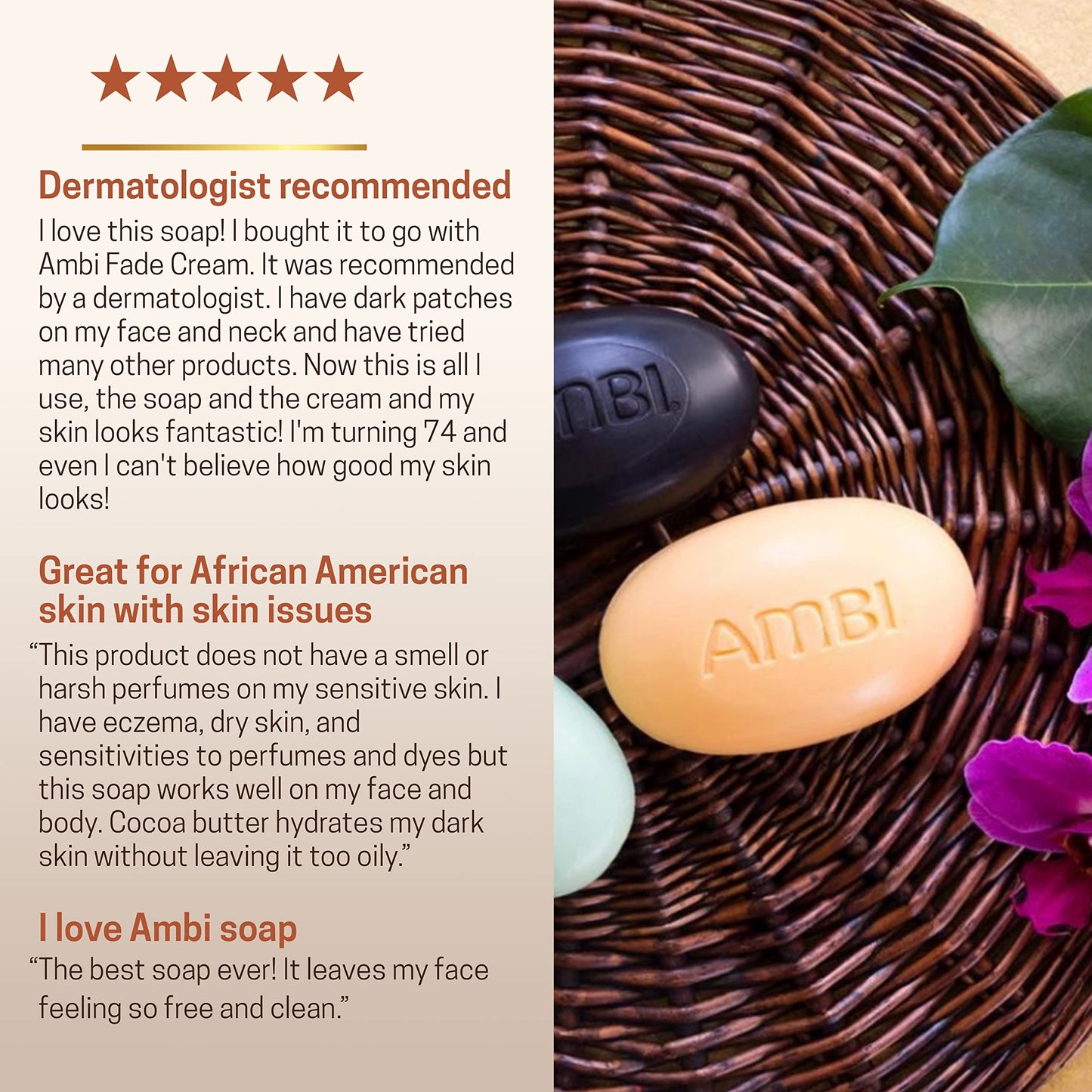Ambi Skin Care Cleansing Bar Soap with Cocoa Butter To Restore Skin's Natual Moisturize Balance, Helps Visibly Even Skin Tone, Washes Away Surface Impurities, Chocolate, 3.5 Oz (Pack of 3)