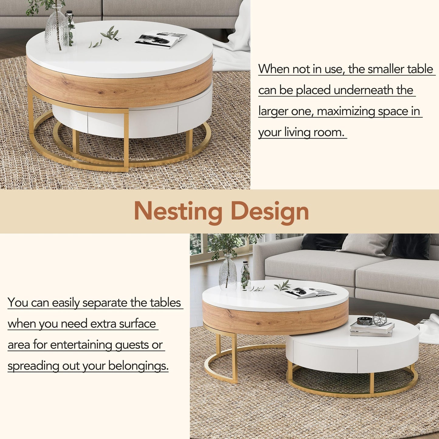 HanStrong Round Lift-Top Nesting Coffee Table Set of 2, Modern Coffee Table with 2 Storage Drawers, Circular Wood Center Table Set for Living Room, Apartment, White & Oak