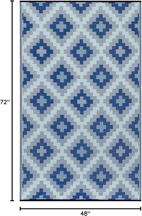 FH Home Outdoor Rug - Waterproof, Fade Resistant, Reversible - Premium Recycled Plastic - Geometric - Patio, Deck, Porch, Balcony, Laundry Room - Aztec Kilim - Blue Multi Crease Free - 5 x 8 ft