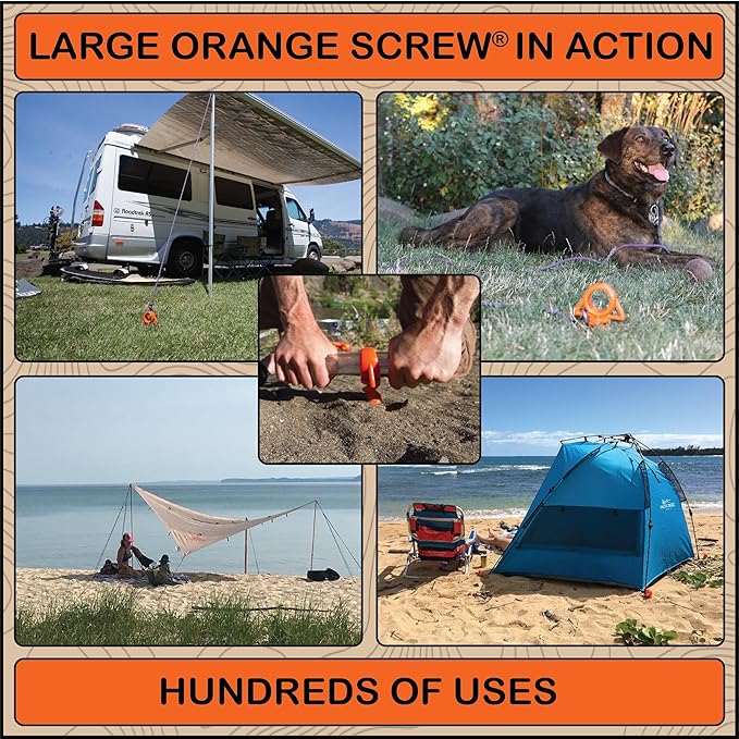 Ultimate Ground Anchors: Heavy Duty Screw-in Tent Stakes for High Wind, Sand, Canopies, and Camping - Made in USA, 100% Recycled, Included T-Grip Tool - (Large, Single Pack, Orange)