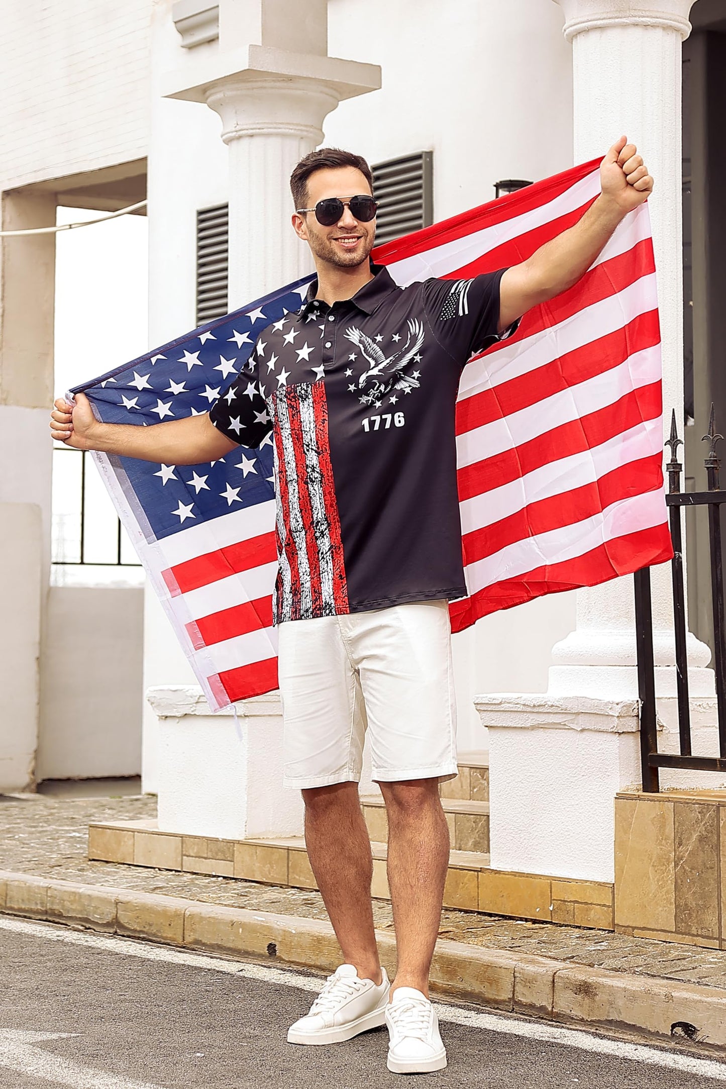 Seadodo Mens Patriotic Golf Shirts 1776 American Flag Printed Polo Shirt USA 4th of July Short Sleeve Outfit