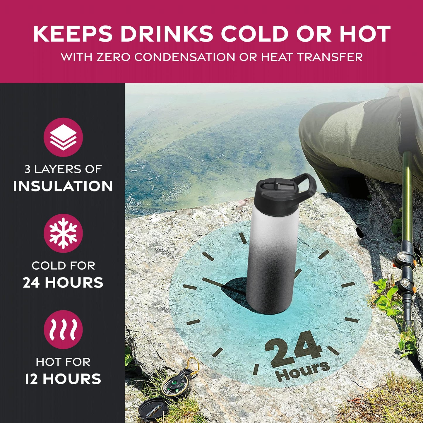 FineDine Triple Walled, Insulated Water Bottles with Straw - 25 Oz Stainless Steel Metal Bottle W/ 3 Leak Proof Lids - For Travel, School, Sports, Gym / Men, Women & Kids - Dreamy Black-White