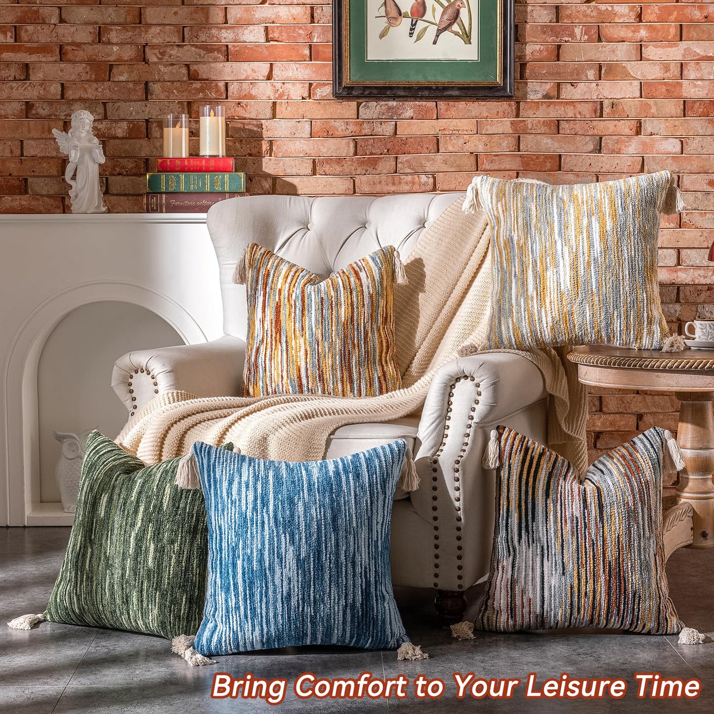 AmHoo Boho Throw Pillow Covers Set of 2 Decorative Bohemian Woven Tufted Striped Farmhouse with Tassels Textured Cushion Case Pillowcase Neutral for Sofa Couch Bed 18 x 18-Inch Sky Blue