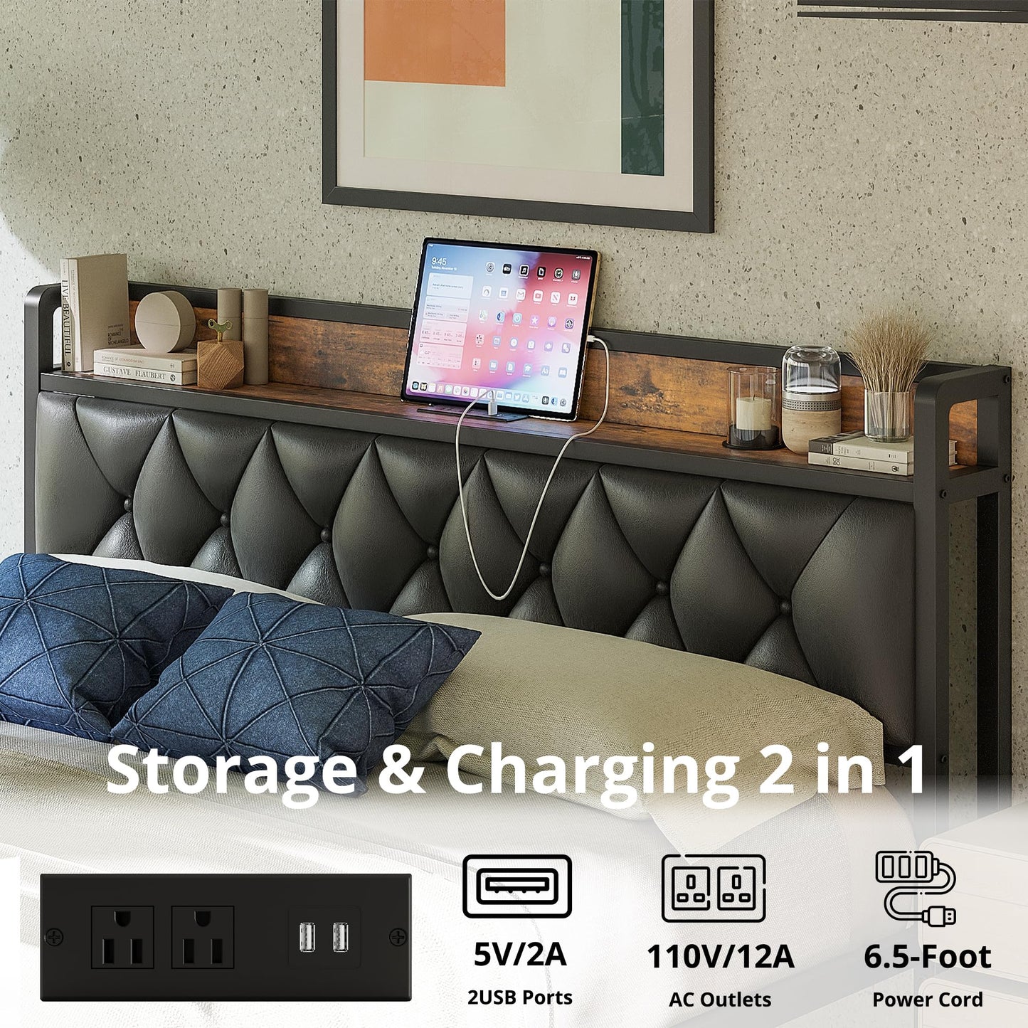 ANCTOR Twin Bed Frames, Storage Headboard with Outlets, Easy to Install, Sturdy and Stable, No Noise, No Box Springs Needed, Rustic Brown and Black