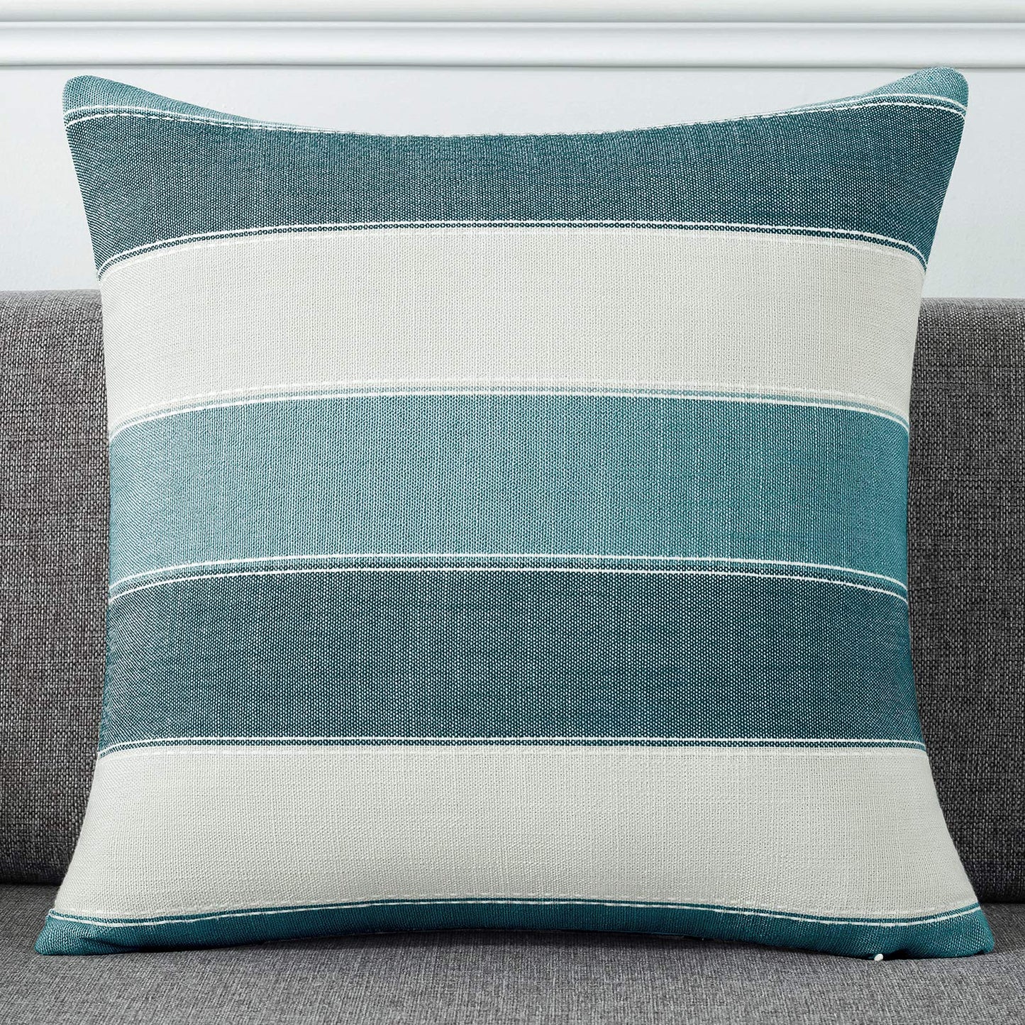 AmHoo Pack of 2 Farmhouse Stripe Check Throw Pillow Covers Set Case Cotton Linen Decorative Pillowcases Cushion Cover for Couch Bench Sofa 18x18Inch Teal Blue