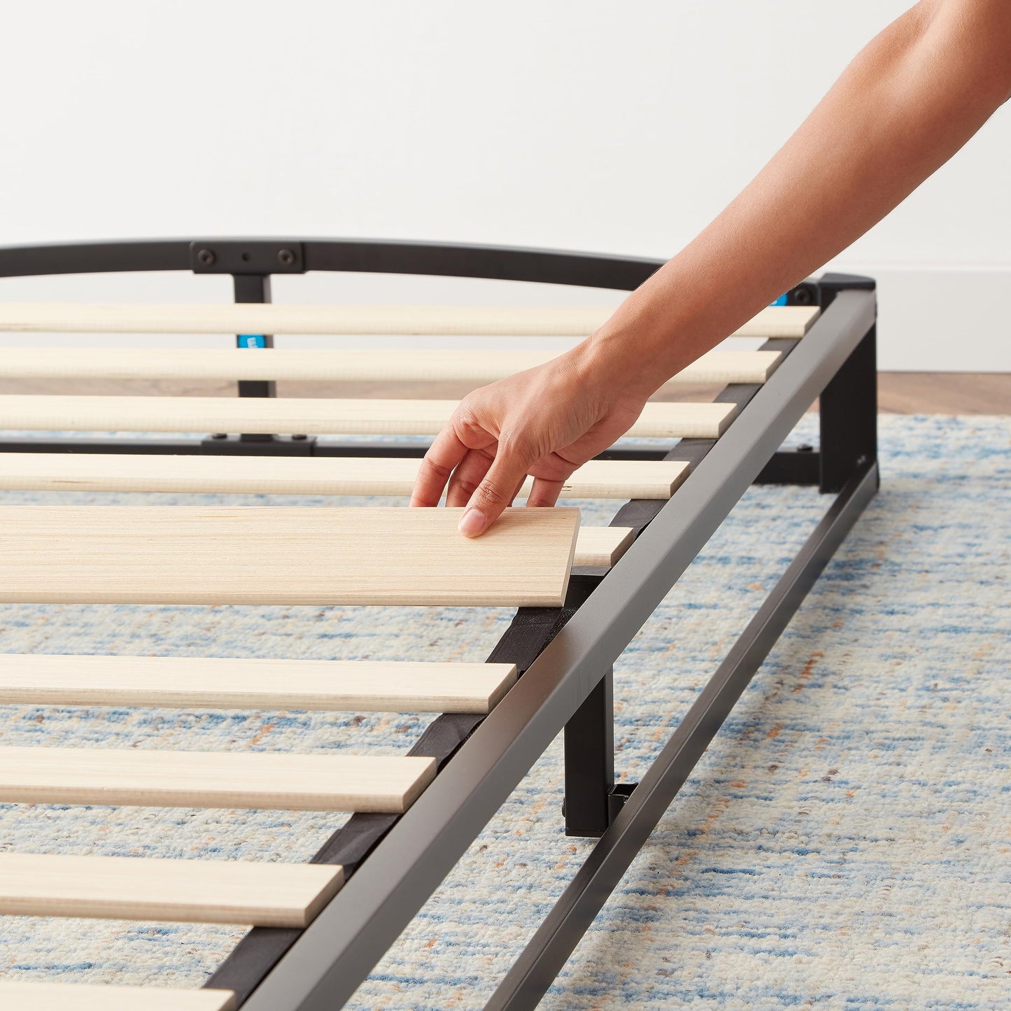 Amazon Basics Metal Platform Bed Frame with Wood Slat Support, 10 Inches High, Queen, Black