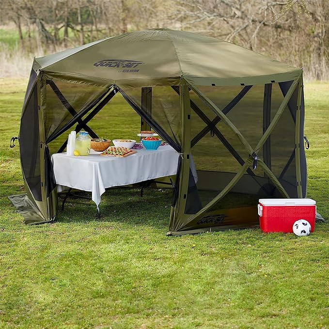CLAM Pop Up Screen Tent, Outdoor Camping Gazebo Canopy, Pavilion, 12.5', Green - Heavy-Duty Portable Screened Shelter with Netting for Beach, Patio, and Backyard