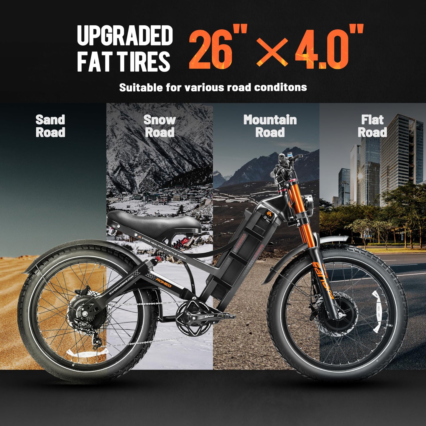eAhora 2025 Romeo Pro 2 4000W 46Mph Electric Bike for Adults, 52V/70Ah 200+Miles Long Range Ebike, 26 * 4.0" Fat Tire Full Suspension Electric Mountain Bike Black