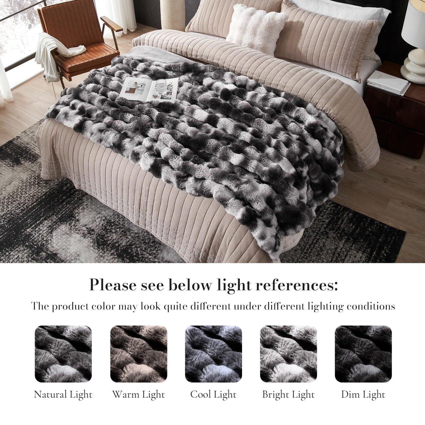 Amélie Home Faux Fur Throw Blanket for Couch, Fuzzy Soft Plush Thick Bubble Blanket for Sofa Bedroom Living Room, 50"x60" Inches, Tie-dye Black