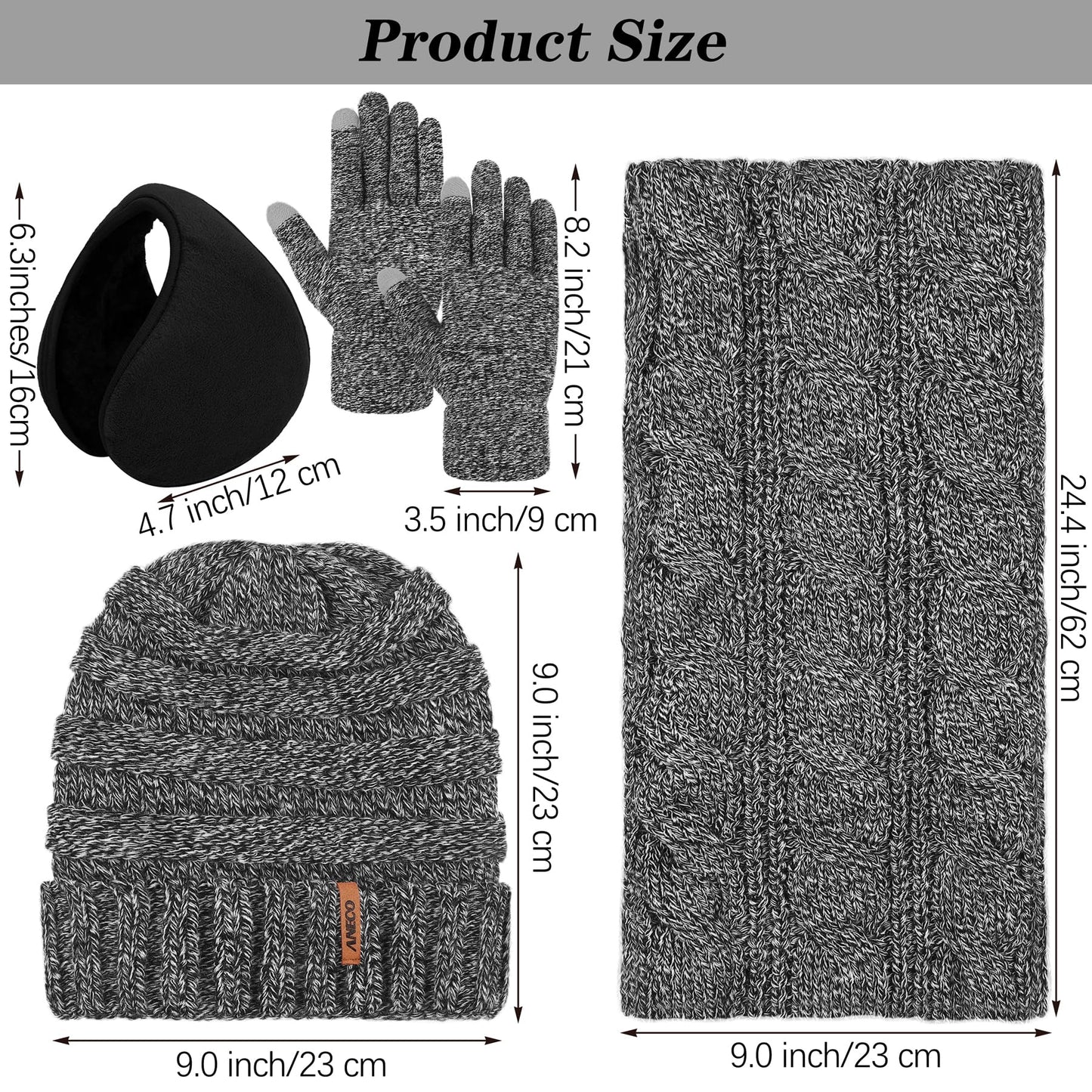 Aneco Winter Warm Sets Knitted Scarf Beanie Hat Touch Screen Gloves and Winter Ear Warmer Hats for Women or Men