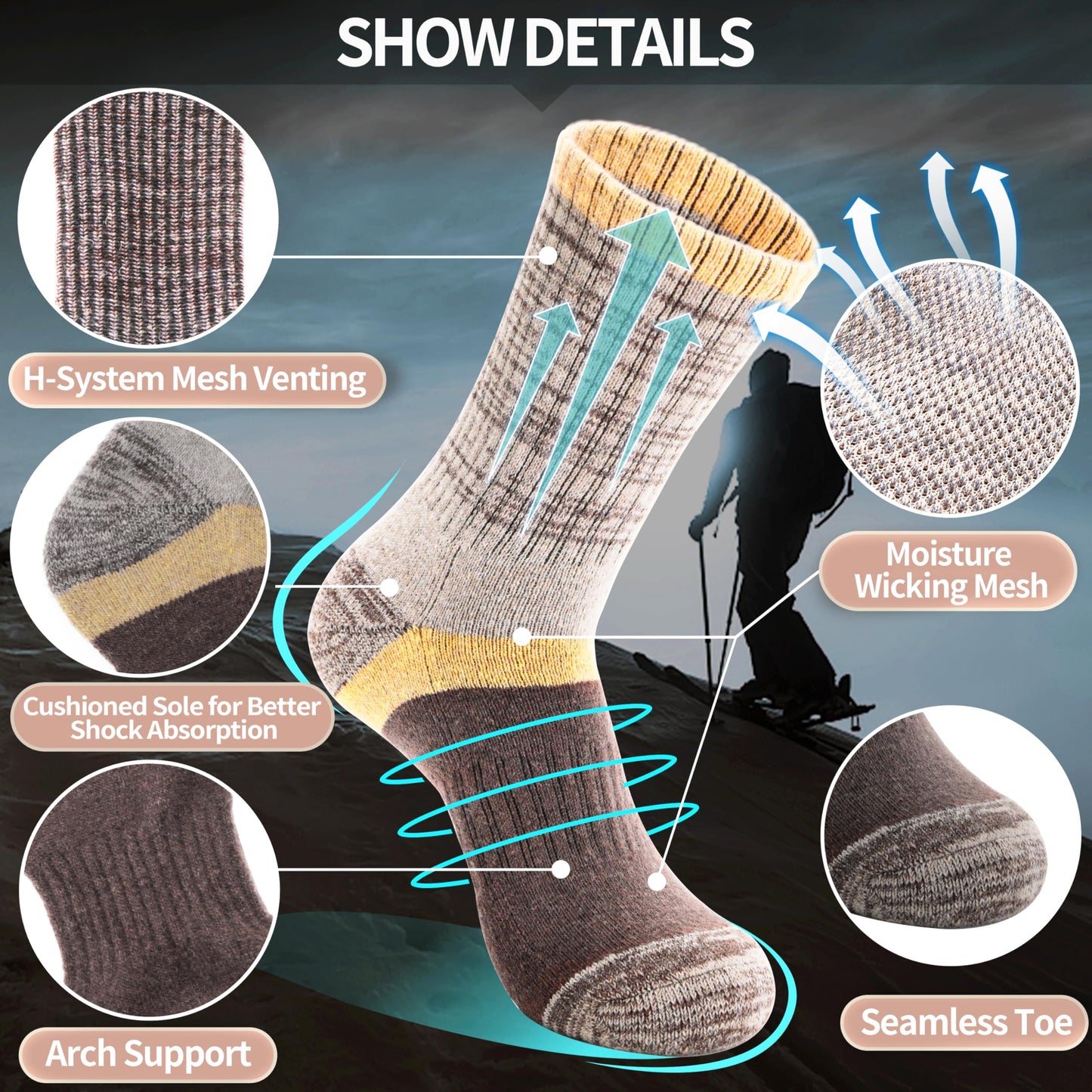 Anlisim Merino Wool Socks for Women Hiking Thermal Warm Winter Boot Work Crew Cushion Ladies Socks 5 Pairs Gift Stocking Stuffers(Yellow Brown,M)